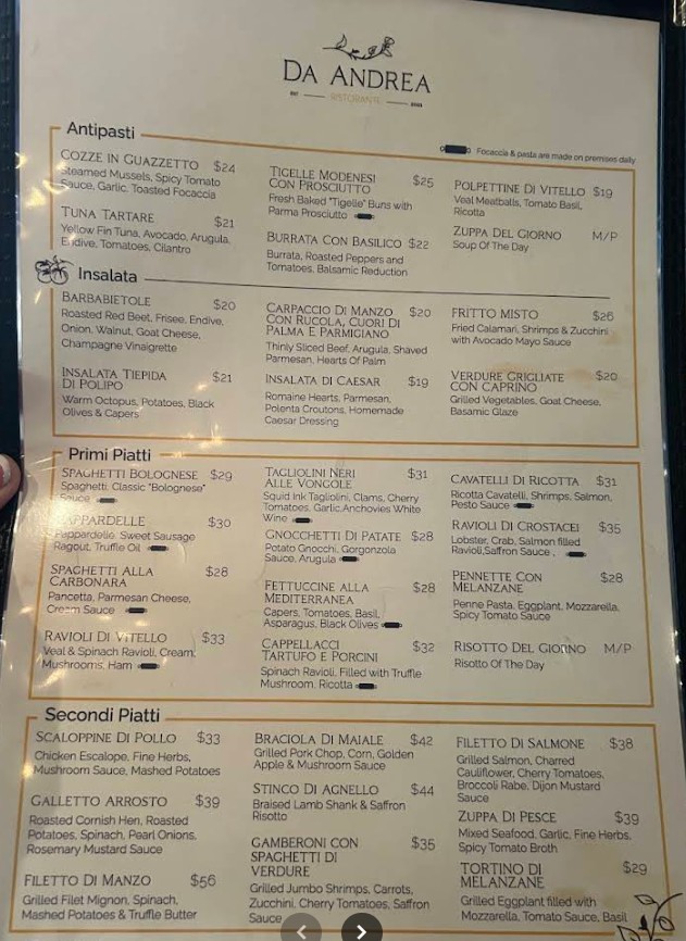 Da Andrea Chelsea Restaurant Menu | Authentic Italian Dining in NYC
