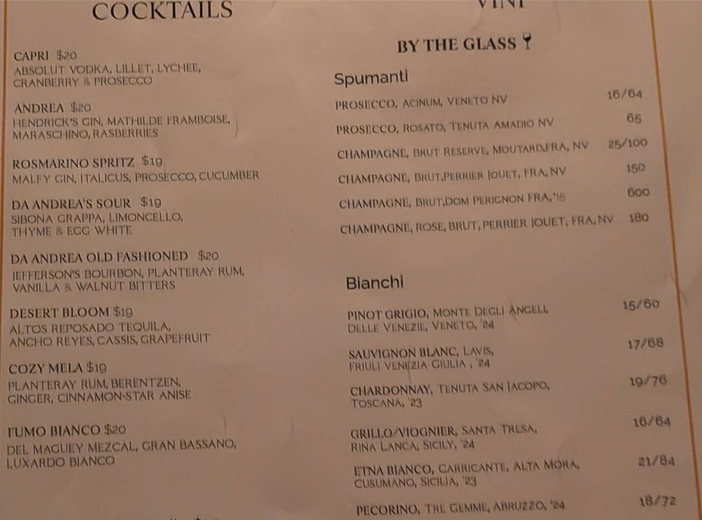 Da Andrea Chelsea Restaurant Menu | Authentic Italian Dining in NYC